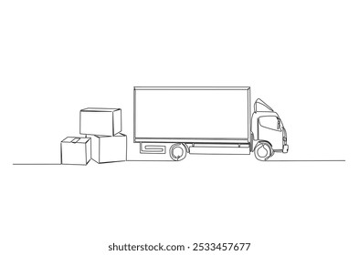 Truck and cardboard boxes continuous one line drawing. Single line art illustration of cargo truck and cardboard boxes. Editable vector.
