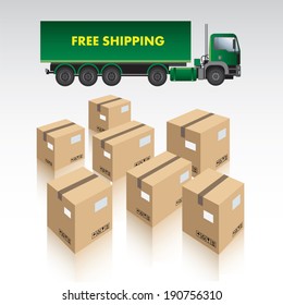 Truck and lot of cardboard boxes. Vector illustration
