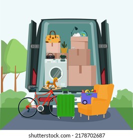 A truck and cardboard packing boxes with household items.  The concept of moving. Vector illustration.