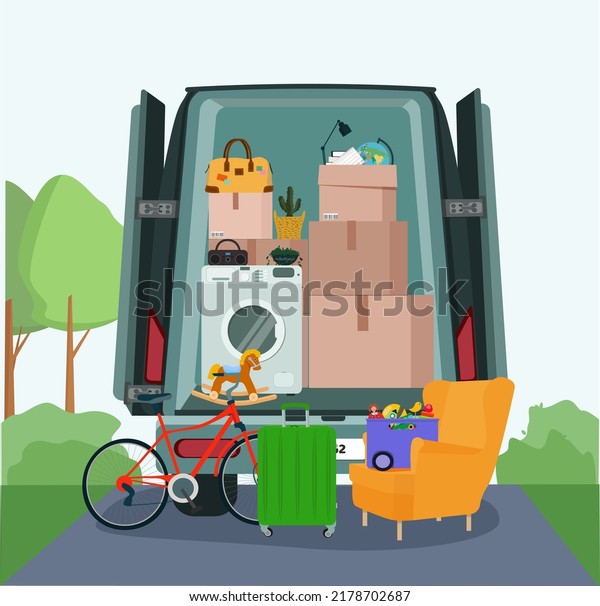 A truck and\
cardboard packing boxes with household items.  The concept of\
moving. Vector illustration.