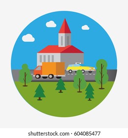 Truck cargo delivery across country. Flat vector illustration.