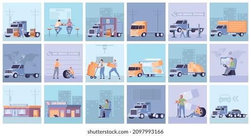 Truck cargo delivery square set with service and route symbols flat isolated vector illustration