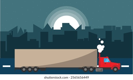 Truck with Cargo Driving through Industrial City Flat Style. City infrastructure and commercial transportation means vector art