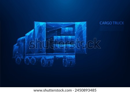 truck cargo and parcel box low poly wireframe. global logistics transportation technology. vector illustration fantastic on blue background.