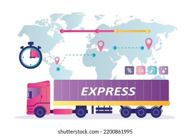 Truck cargo services and freight, semi truck with packages. Global transportation, logistic. Delivery of goods by road. Free and fast shipping worldwide. Long truck with container. vector illustration