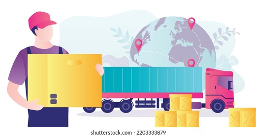 Lkw Frachtdienste und Güterverkehr, Sattelkraftwagen mit Packungen. Der Lieferant hält ein Paket. Globaler Verkehr, Logistik. Kostenloser und schneller Versand weltweit. Lange LKW mit Container. Vektorgrafik