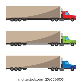 Truck with Cargo Side View Flat Style Different Colors Set. Commercial transportation means vector art