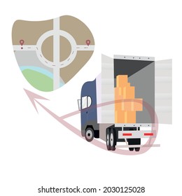  el camión lleva cajas con cosas. el mapa muestra la ruta y la flecha de velocidad. banner de servicios de transporte y logística, ilustración vectorial. Transporte de carga