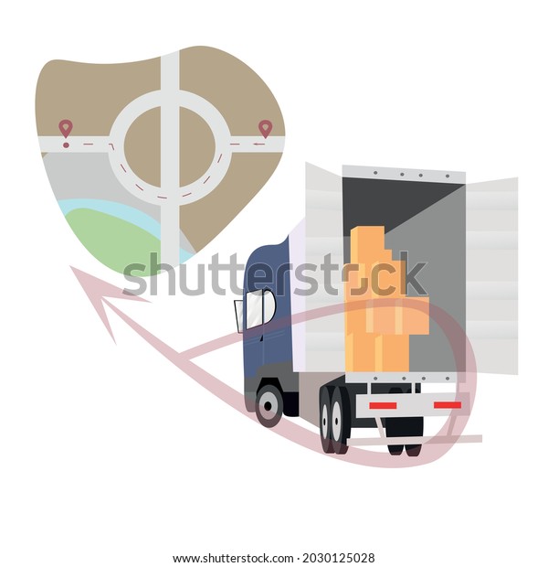  truck carries boxes\
with things. the map shows the route and the speed arrow. banner of\
transport services and logistics, vector illustration. Cargo\
transportation