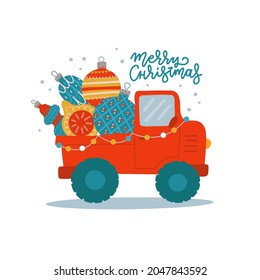 Truck carries Christmas tree baubles and balls. Pickup with huge decorated holiday toys. Flat vector Illustration for new year or Xmas. Isolated concept.