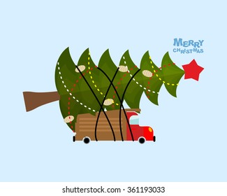 Truck Carries Christmas Tree. Car And Decorated Holiday Trees. Illustration For New Year Or Xmas. Machine And Magical Fir-tree With Red Star. 