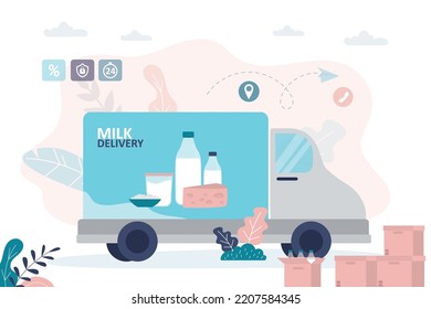 Truck carries dairy products to the store. Delivery of bottled milk to the consumer. Lorry on road. Fresh dairy from farm. Organic food delivery service. Flat vector illustration