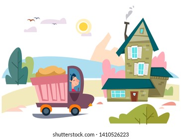 The truck carries the delivery of sand for construction to the house. Eco housing in nature. Vector illustration in cartoon style.