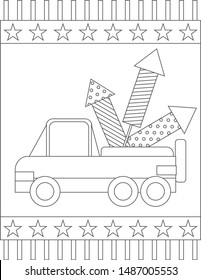 The Truck Carries Firecrackers To Fireworks. Patriotic Coloring Page For Kids