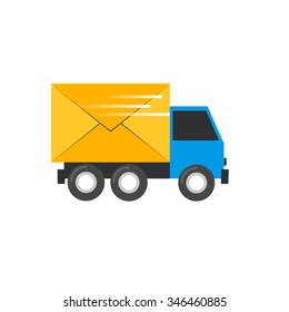 Truck carries a letter, e-mail. Postal Vehicles. Flat design vector illustration.