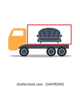 truck carries a sofa. vector flat illustration. cargo transportation, delivery of furniture in a van.