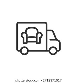 Caminhão carregando poltrona, ícone linear. Serviço de entrega e mudança de móveis. Linha com traçado editável.