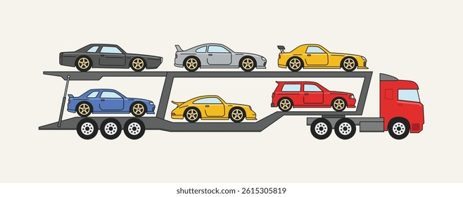 Truck carrying cars side view vector illustration. Double deck car hauler trailer logo. Sport car shipping symbol logo