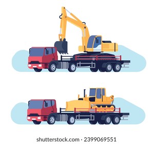 Truck carrying construction equipment. Lorry for excavator and bulldozer shipping. Transport logistics. Industrial vehicle traffic. Cargo automobile. Building machine