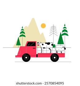 Truck Carrying Cow And Sheep In Countryside In Flat Vector Illustration Symbolizing Livestock Farming, Rural Transportation, And Agriculture, Isolated On White Background