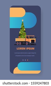 truck carrying fir tree preparation for merry christmas happy new year winter holidays concept smartphone screen online mobile app vertical vector illustration
