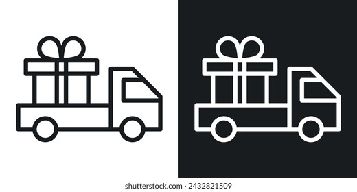 Truck Carrying Gift Box Icon Designed in a Line Style on White background.