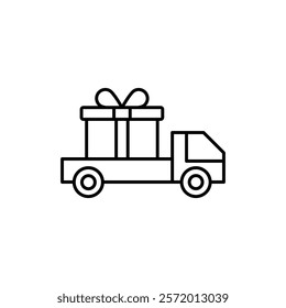 Truck carrying gift box icon in liner stroke style