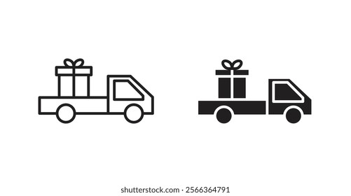 Truck carrying gift box icons in line stroke and flat versions