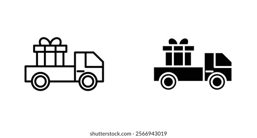 Truck carrying gift box icons. black and white vector set.