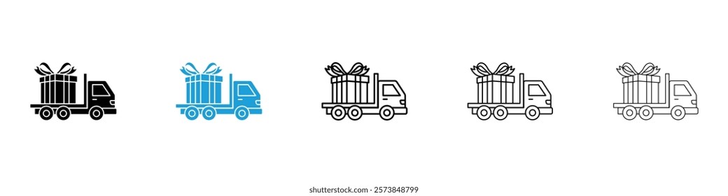 Truck carrying gift box icons in filled and 3 stroke weights