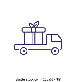 Truck carrying gift box line icon. Gift delivery, delivery service, New Year present. Christmas concept. Vector illustration can be used for topics like holiday, service, logistics