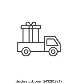 Truck Carrying Gift Box Vector Line Icon illustration.