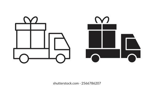 Truck carrying gift box vector line icon illustration