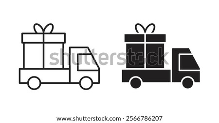 Truck carrying gift box vector line icon illustration