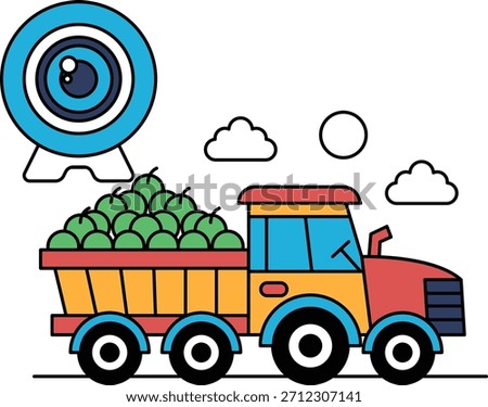 A truck is carrying a large amount of apples. The truck is driving down a road with a large target in the background