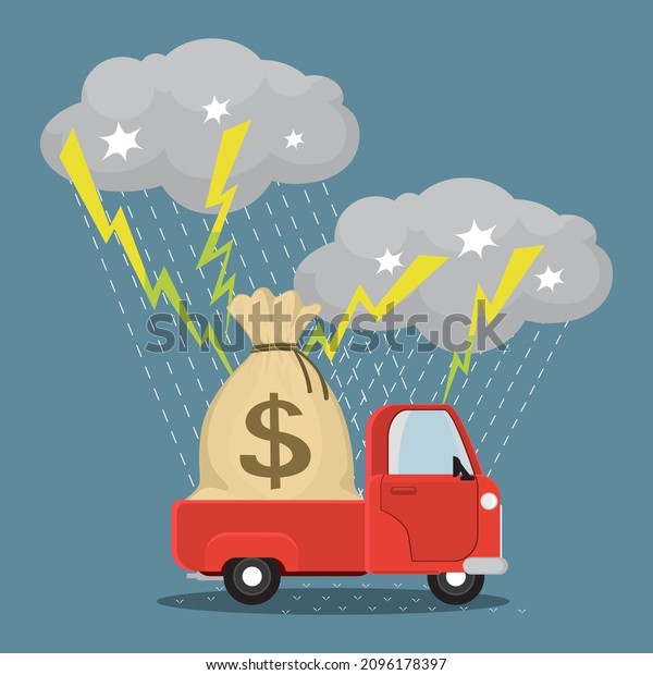 Truck carrying large bags of\
money on a road with storms and lightning, Illustration vector\
cartoon