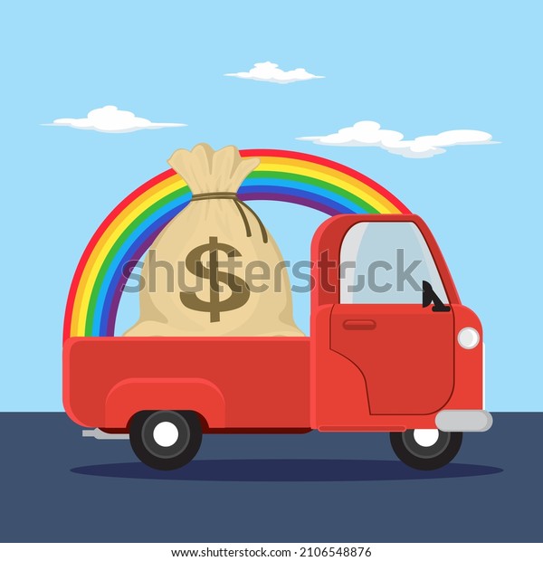 Truck carrying large bags of\
money on the road with rainbows, Illustration vector\
cartoon