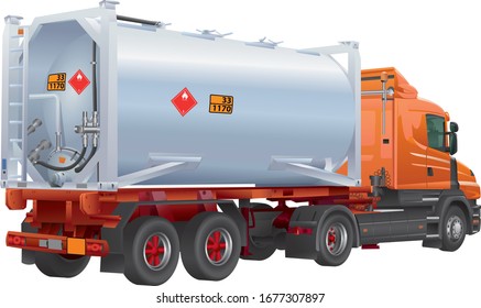 truck carrying a mobile tank-container for dangerous goods