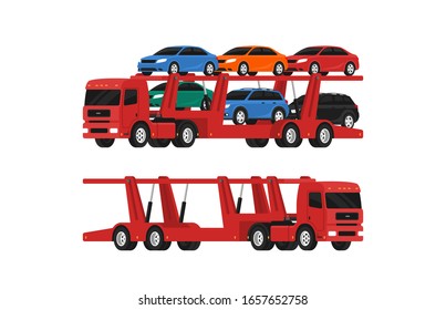 Truck carrying new cars. Red truck with an empty two-tiered trailer for transporting cars. Vector illustration in flat/cartoon style.
