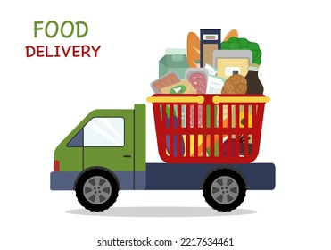 Truck is carrying an order in a basket of groceries. Fast product delivery. Flat style. Vector illustration 