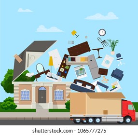 The truck is carrying things into the house. Home delivery. Relocation. Vector Flat Illustration