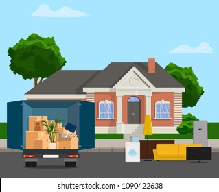 The truck is carrying things. Moving to the family in the house. Vector flat illustration.