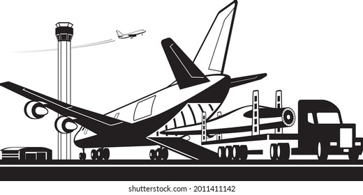 Truck carrying wind turbine fin to cargo plane - vector illustration