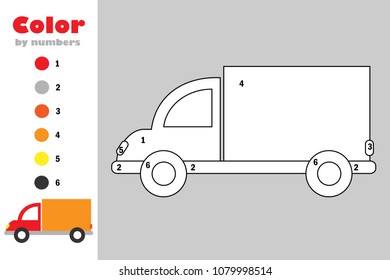 Truck in cartoon style, color by number, education paper game for the development of children, coloring page, kids preschool activity, printable worksheet, vector illustration
