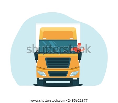  Truck with a cheerful driver at the wheel. Truck driver showing thumbs up gesture. Front view. Vector illustration.