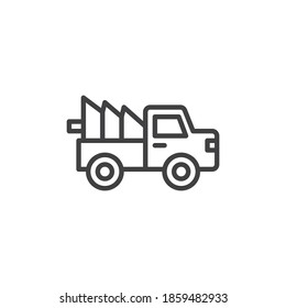 Truck with Christmas tree line icon. linear style sign for mobile concept and web design. Car with a Xmas tree outline vector icon. Symbol, logo illustration. Vector graphics