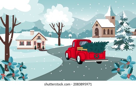 Truck with christmas tree on the road. Winter landscape with house and charch. Vector illustration in flat style