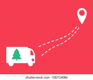 Truck with Christmas trees. A car with a dotted line and geolocation. Flat design.