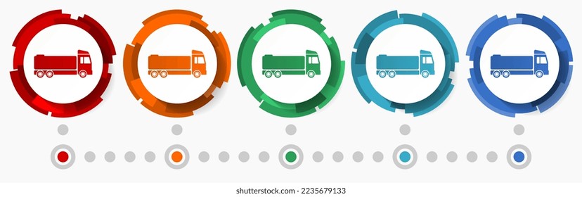 Camión, conjunto de iconos de vectores de concepto cisterna, botones de diseño abstracto moderno en 5 opciones de color, plantilla infográfica