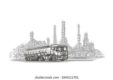 Truck with cistern trailer in an industrial zone illustration. Vector.